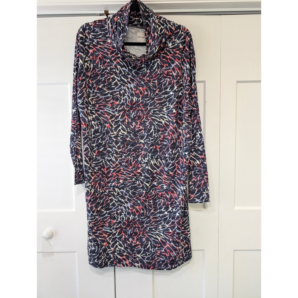 NIC+ZOE Navy Coral Abstract Cowl Neck Long Sleeve Knit Dress Large
